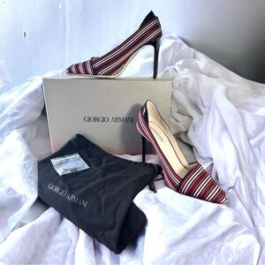 GIORGIO ARMANI BLK/RED/WHT STRIPED STILETTOS W/ PATENT ACCENTS (SZ 37)